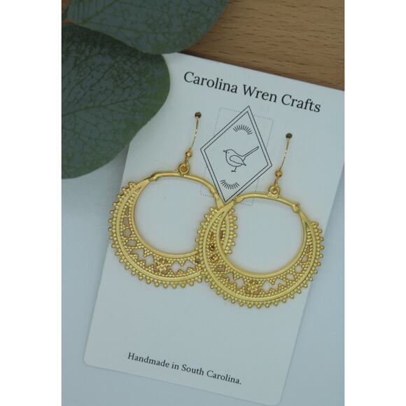 5/$25 Gold Ornamental Round Hoop Decorative Earrings - Picture 2 of 3